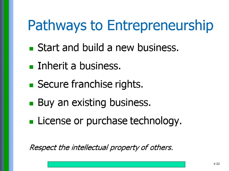 Pathways to Entrepreneurship Start and build a new business.  Inherit a business. 